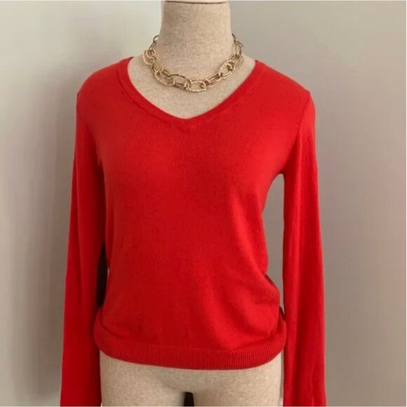 BP Women's V Neck Long Sleeve Red Orange Sweater with Elbow Patches Size Small - Picture 4 of 6